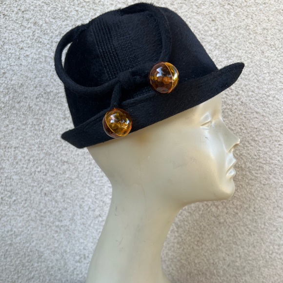 Vintage black wool bucket hat 2 lucite amber balls Adolfo Realites Small 21” - Picture 1 of 10